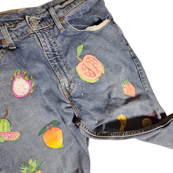 Levi's Womens 505 Regular Fit Jeans Fruits Hand Painted 36x30 Medium Wash Custom - Picture 4 of 9